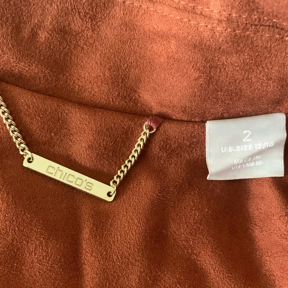 CHICO’S Faux Suede Long Double-Zip Moto Jacket Whiskey color size 2X GORGEOUS - Picture 3 of 16
